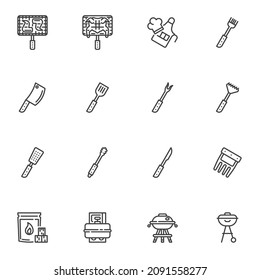BBQ tool line icons set, outline vector symbol collection, linear style pictogram pack. Signs, logo illustration. Set includes icons as barbeque equipment, apron, knife, fork, spatula, chicken grill