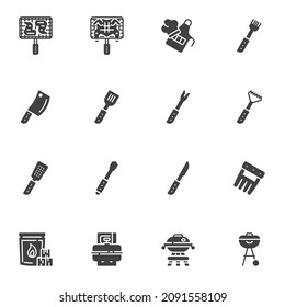 BBQ tool vector icons set, modern solid symbol collection, filled style pictogram pack. Signs, logo illustration. Set includes icons as barbeque equipment, apron, knife, fork, spatula, chicken grill