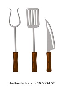 BBQ tools collection, colorful vector illustration with barbecue utensil isolated on white background, knife and fork, spatula with brown handles