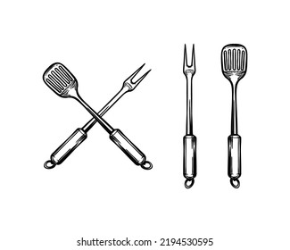 BBQ Tools Hand-Drawn Set Vector. Crossed barbecue fork with spatula. Symbol Template Logo. Vector illustration flat design. Isolated on white background	