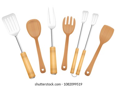 Bbq tools and salad servers. Charming vintage barbecue utensils. Tongs, skewer, fork, spoon and spatulas - isolated vector illustration on white background.