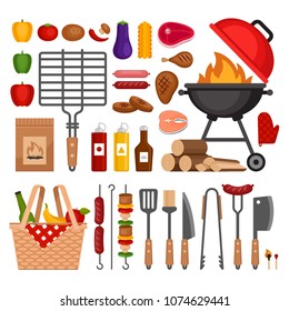 Bbq tools set. Barbecue grill  isolated elements. Flat style, vector illustration.