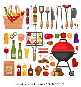 Bbq Tools Set. Barbecue Grill  Isolated Elements. Flat Style, Vector Illustration.