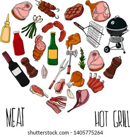 Bbq tools set. Barbecue grill isolated elements. Flat style, vector illustration