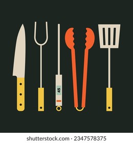 BBQ tools set. Collection of equipment for cooking bbq. Grilling utensils, knife, fork, thermometer, tongs and spatula for barbecue food cooking. Barbeque supplies kit. Simple, geometric, modern style