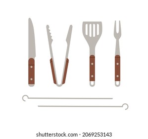 BBQ Tools Set. Grilling Utensils, Metal Knife, Tongs, Spatula, Fork And Skewers For Barbecue Meat Cooking. Barbeque Supplies Kit. Flat Vector Illustration Of Cutlery Isolated On White Background