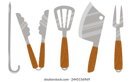 BBQ tools set. Grilling utensils, metal knife, tongs, spatula, fork and skewers for barbecue meat cooking. Barbeque supplies kit. Flat vector illustration of cutlery isolated on white background