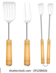 Bbq tools with wooden handle - charming vintage barbecue utensil. Isolated vector illustration on white background