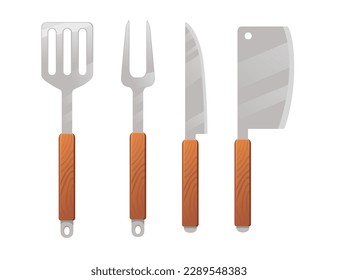 Bbq tools with wooden handle knife fork spatula utensil vector illustration isolated on white background