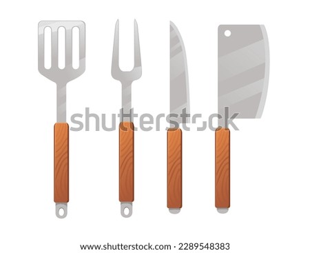 Bbq tools with wooden handle knife fork spatula utensil vector illustration isolated on white background