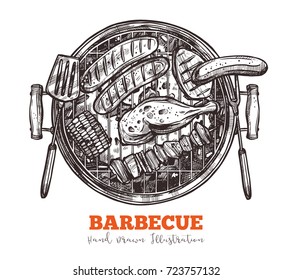 Bbq tray with set of meat food, spatula and fork. Appetizing barbecue plate with meal sausage, chicken leg, shish kebab, corn. Sketch handdrawn illustration in vintage style. Vector isolated on white