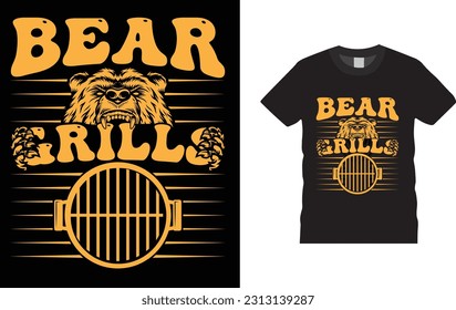 BBQ t-shirt, BBQ Bear grills t-shirt, Perfect for print items and bags, posters, cards, vector illustration. Isolated on black.