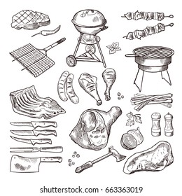 Bbq vector hand drawn illustration set. Grilled meat and other accessories for barbecue party. Grill meat for bbq, barbecue sausage picnic drawing