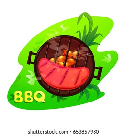 BBQ vector illustration, appetizing steak is grilled on outdoor