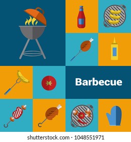 BBQ vector illustration. Barbecue grill icons set, Charcoal kettle grill with fire, skewers, ketchup, vegetables on grill, beef steak and tools on color background. Design elements in flat style