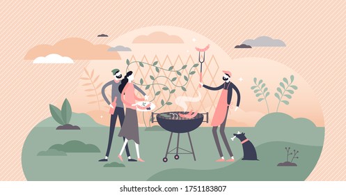 BBQ vector illustration. Barbecue grill and cooking process flat tiny persons concept. Meat outdoors picnic party with friends and hot smoke sausages. Summer leisure with beers and meals in garden.