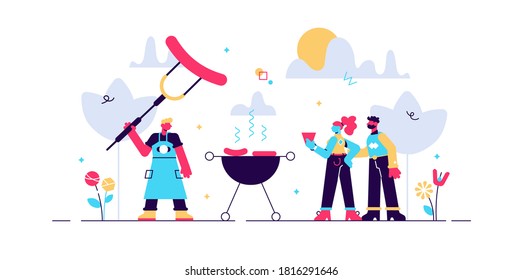 BBQ vector illustration. Barbecue grill and cooking process flat tiny persons concept. Meat outdoors picnic party with friends and hot smoke sausages. Summer leisure with beers and meals in garden.