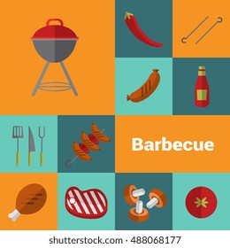 BBQ vector illustration. Barbecue grill icons set, Charcoal kettle grill, skewer of grilled sausage, ketchup, mushrooms, tomato, pepper, steak and grill tools on color background. Design elements