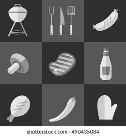 BBQ vector illustration. Barbecue grill black and white icons set. tools, meat and vegetables signs on black background. Design elements for menu
