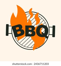 BBQ vector illustration. Barbecue typography sign. Grill icon. Smoke, fire. Top view. Barbecue poster, banner. BBQ time. BBQ background. Sticker, card, flyer, invitation, cover. National Barbecue Day