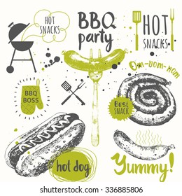 BBQ. Vector illustration of festive traditional American food. Funny labels of weekend party: sausages and hot dogs. Barbecue.