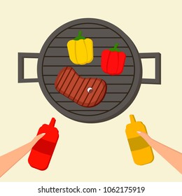 BBQ  vector illustration. Grill meat and vegetables. Sauces