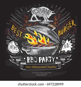 Plantilla de diseño del logotipo vectorial BBQ. Fiesta barbacoa/hamburguesa, hamburguesa o icono de la pizarra, fondo de pizarra