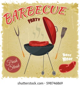 Bbq vintage, barbecue retro, grill, steak,  meat retro cartoon of vector menu poster set.