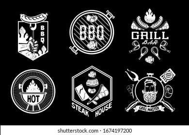 BBQ vintage emblem set. Barbeque retro signs. Vector graphic for grill and steak house. Butcher illustration.