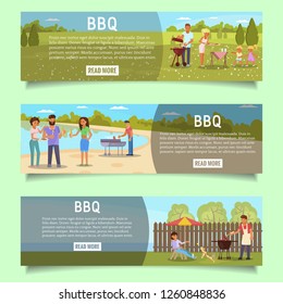 Bbq web banner template set. Vector flat illustration. Outdoor picnic with family, friends, pets, grilled meat, barbecue grills and accessories.