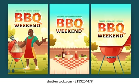 BBQ Weekend Banners With Man Cooks Meat On Grill. Vector Posters Of Barbecue Party With Cartoon Illustration Of Picnic With Barbeque And Table With Food On Summer Lawn In Park Or Backyard