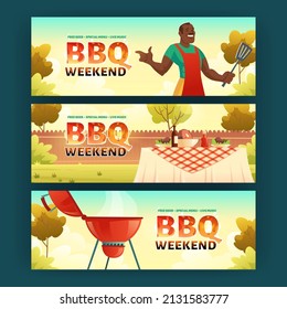 BBQ weekend cartoon banners with african american man in apron cooking on grill machine. Barbecue picnic on summer lawn in park or garden, invitation for outdoor backyard holiday party, Vector cards