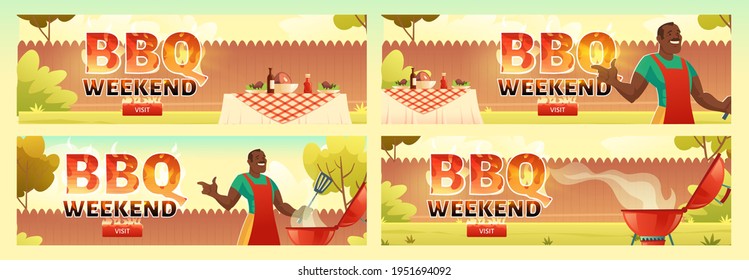 Folletos de fin de semana para barbacoa. Cartel de invitación a la barbacoa con un hombre negro cocina carne a la parrilla. Afiches vectores ambientados con caricatura ilustrativa de picnic con barbacoa en el césped de verano en el parque o jardín