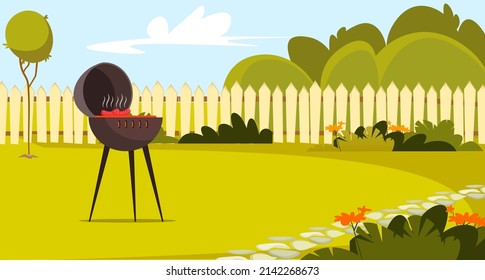 BBQ Weekend Picnic On Lawn, Garden Or Backyard With Fence Vector Illustration. Cartoon Charcoal Brazier With Grilled Barbecue Sausages On Fire, Neighbour Summer Patio With Barbeque Tools Background