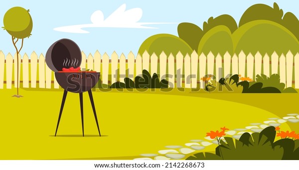 BBQ weekend picnic on lawn, garden or backyard\
with fence vector illustration. Cartoon charcoal brazier with\
grilled barbecue sausages on fire, neighbour summer patio with\
barbeque tools background