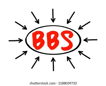 BBS - Bulletin Board System is a computer server running software that allows users to connect to the system using a terminal program, acronym text with arrows