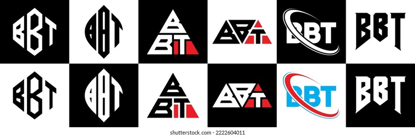 BBT letter logo design in six style. BBT polygon, circle, triangle, hexagon, flat and simple style with black and white color variation letter logo set in one artboard. BBT minimalist and classic logo