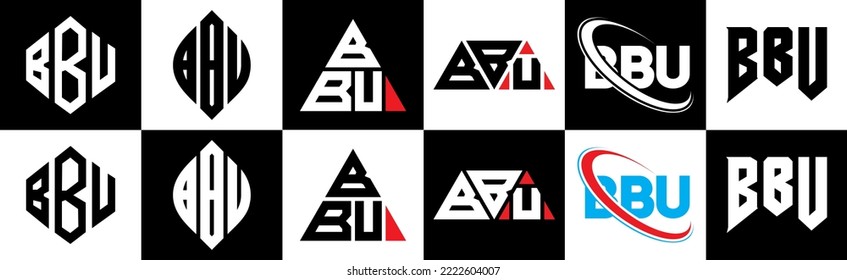 Diseño del logo de la carta BBU en seis estilos. Polígono BBU, círculo, triángulo, hexágono, de estilo plano y sencillo con el logotipo de la letra de variación en color blanco y negro en un tablero. Logo minimalista y clásico de BBU
