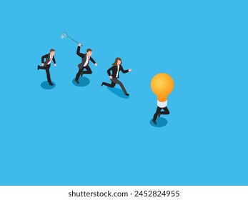 Bbusiness people cartoon characters running and trying to catch up light bulb 3d isometric vector illustration