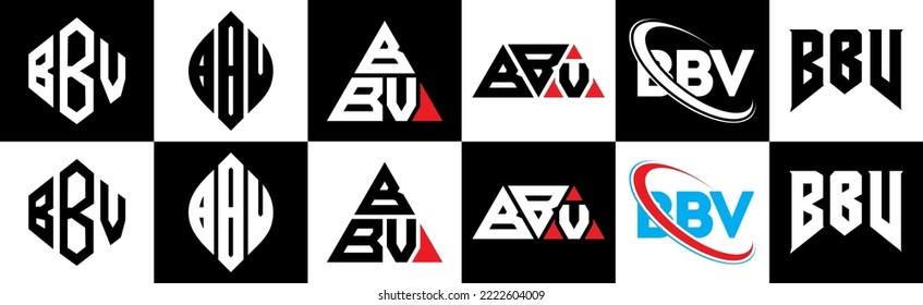 BBV letter logo design in six style. BBV polygon, circle, triangle, hexagon, flat and simple style with black and white color variation letter logo set in one artboard. BBV minimalist and classic logo