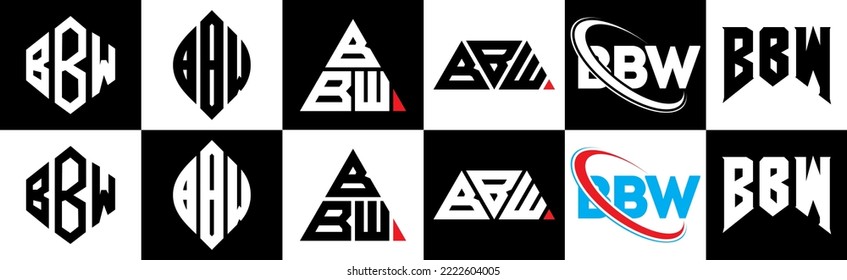 BBW letter logo design in six style. BBW polygon, circle, triangle, hexagon, flat and simple style with black and white color variation letter logo set in one artboard. BBW minimalist and classic logo