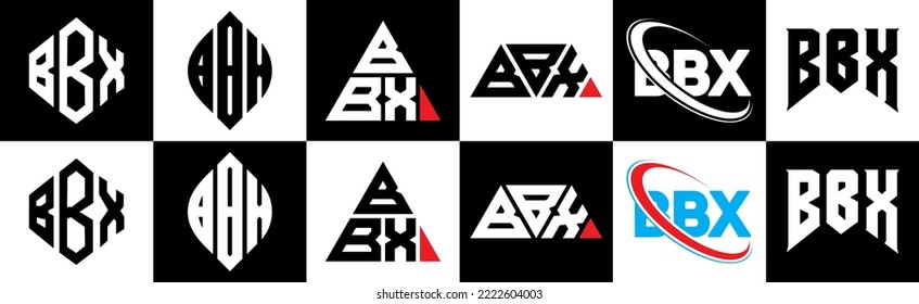 Diseño del logotipo de la carta BBX en seis estilos. Polígono BBX, círculo, triángulo, hexágono, de estilo plano y sencillo con el logotipo de la letra de variación en color blanco y negro en un tablero. logotipo BBX minimalista y clásico