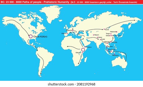 BC: 23 000 - 8000 Paths Of People - Prehistoric Humanity, Prehistoric Human Map,