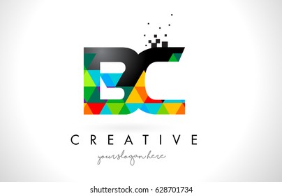BC B C Letter Logo with Colorful Vivid Triangles Texture Design Vector Illustration.