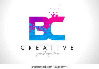BC B C Letter Logo with Broken Shattered Blue Pink Triangles Texture Design Vector Illustration.
