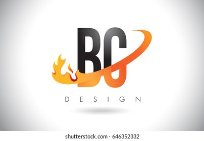 BC B C Letter Logo Design with Fire Flames and Orange Swoosh Vector Illustration.