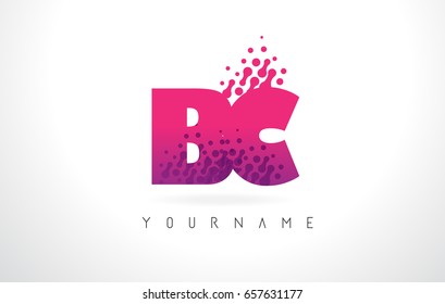 BC B C Letter Logo with Pink Letters and Purple Color Particles Dots Design.
