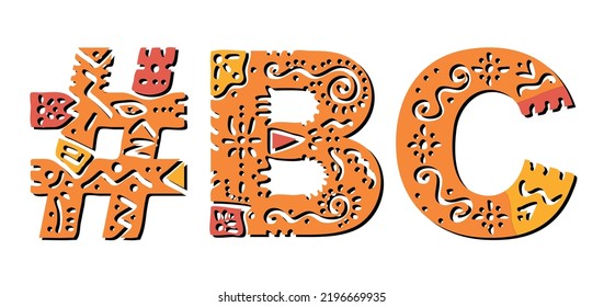 BC Hashtag. Isolated text with national ethnic ornament. Patterned Hashtag #BC is abbreviation for the Canadian provinces British Columbia for print, clothing, t-shirt, poster, banner