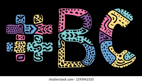 BC Hashtag. Multicolored bright isolate curves doodle letters. Hashtag #BC is abbreviation for the Canadian British Columbia for social network, Canada web resource, mobile apps.