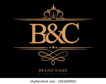 B&C Initial logo, Ampersand initial logo gold with crown and classic pattern